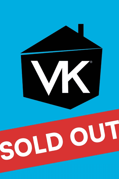 VK logo on a black house outline with a bright blue background and red sold out sticker