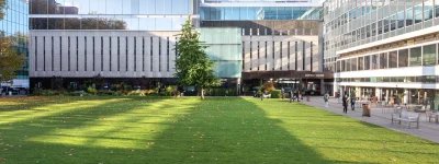 Photo of Queen's Lawn, Imperial South Kensington Campus, on a sunny day. The photo is mainly grass and the Library is in the background with a blue sky overhead.