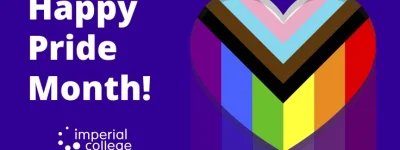Happy Pride Month! In white text on a dark purple background. There is a rainbow coloured heart on the right and the imperial college union logo in the bottom left.